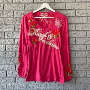 Johnny Was Floral Rose Embroidered Long Sleeve Shirt Pink Size Small